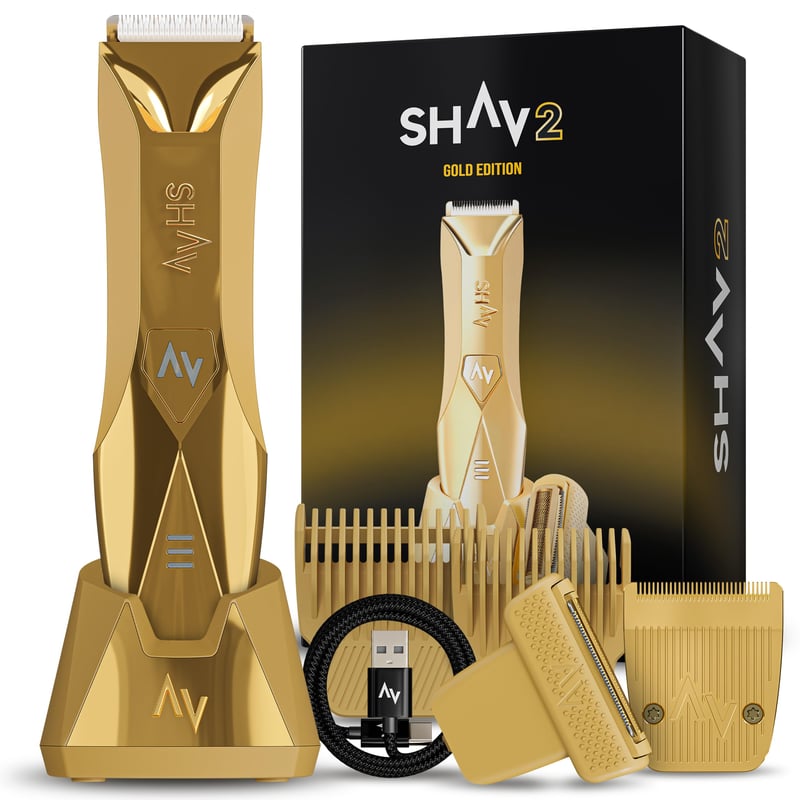 Aparat de ras intim Shav 2 Gold pentru bărbați, aparat de ras electric, mașină de tuns, trimmer pentru părul corporal, utilizare umedă și uscată, IPX7, ediție limitată