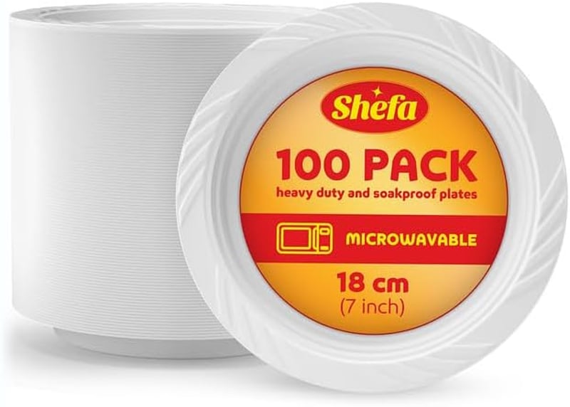 Shefa 100 db fehér tányér - mosható, mikrózható, erős műanyag tálca parti és kempinghez