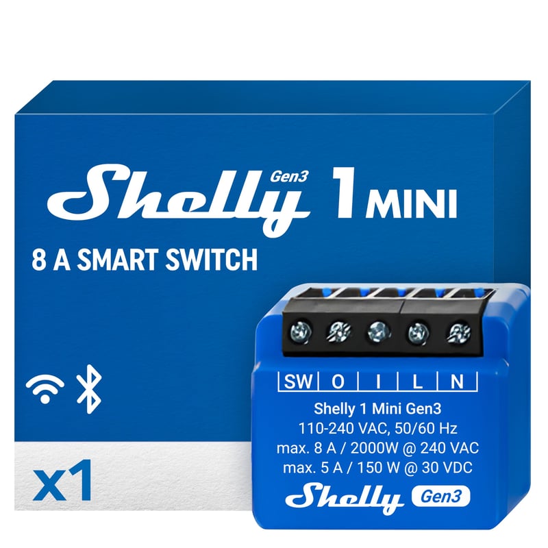Inteligentné relé Shelly 1 Mini Gen3 WiFi a Matter, 1 kanál, 8A, bezpotenciálový kontakt, vypínač svetla, garážová brána, inteligentná domácnosť, Alexa