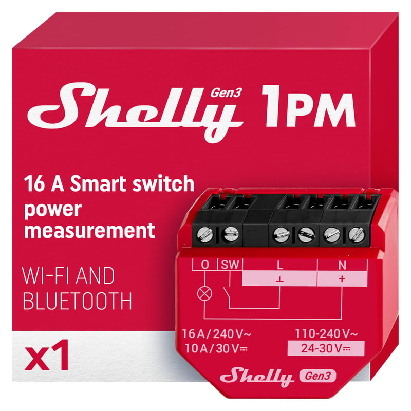 Inteligentné Wi-Fi relé Shelly 1PM Gen3, meranie spotreby energie, 1 kanál, 16 A, spínač svetiel, vykurovanie, inteligentná domácnosť, časovač, podpora Alexa a Google Home