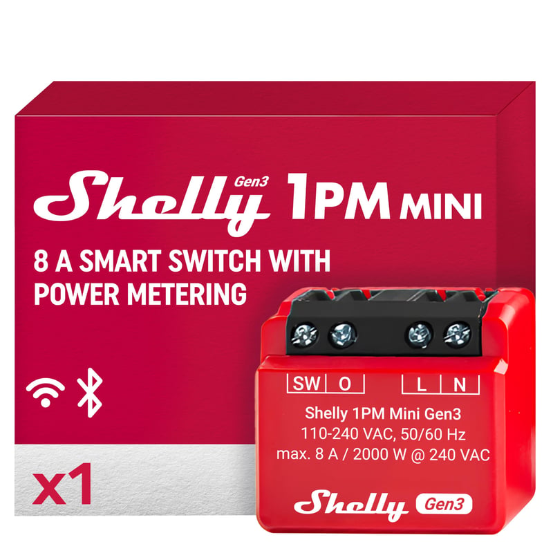 Inteligentné WiFi relé Shelly 1PM Mini Gen3, 1 kanál, 16A, meranie spotreby, inteligentná domácnosť, kompatibilné s Alexa a Google Home, bez nutnosti hubu