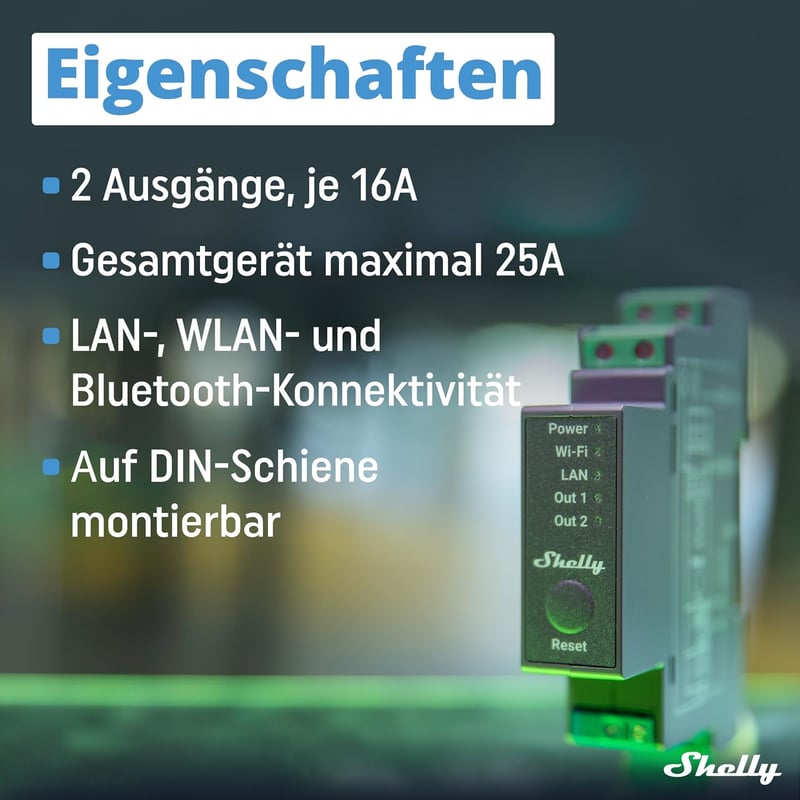 Shelly Pro 2 LAN WLAN 2 csatornás DIN sín relé 25A Alexa Google Home vezérléshez