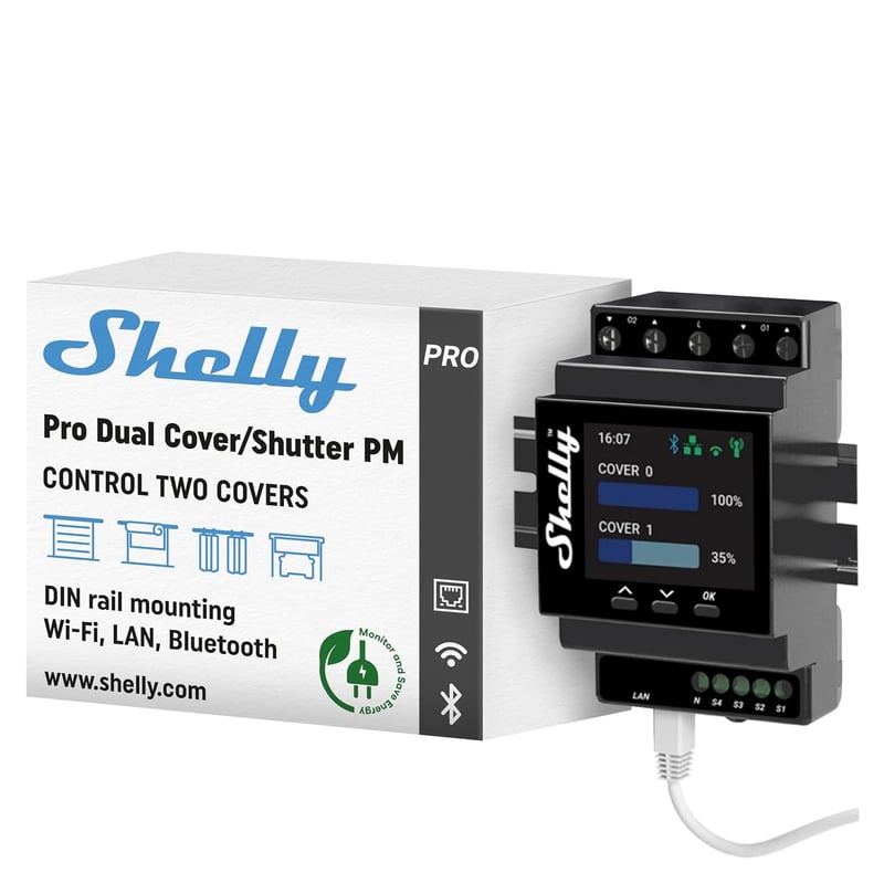 Shelly Pro Dual Cover/Shutter PM redőnyvezérlő, DIN sínre, LAN & Wi-Fi, 16 A