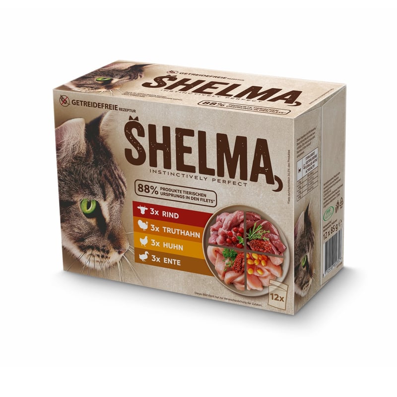 Shelma mokra hrana za mačke mesni multipack – govedina, puretina, piletina i patka – potpuna hrana bez žitarica – 12 x 85 g (1,02 kg)