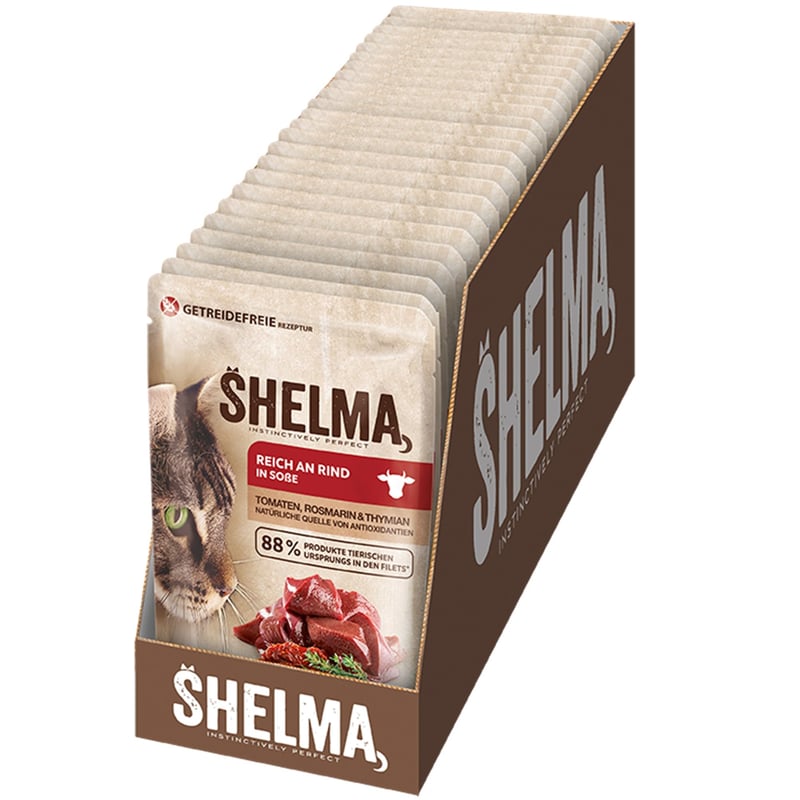Shelma mokra hrana za mačke s govedinom u umaku od rajčice i biljem – cjelovita hrana bez žitarica – 28 x 85 g (2,38 kg)