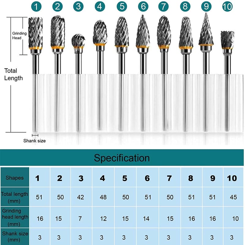 Shengbenhao Volfrám Karbid Vágófej Készlet 10db 1/8" Rotációs Szerszámhoz