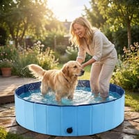 Shengou skladací bazén pre psov, priemer 160 cm, výška 30 cm, s výpustným ventilom, modrý, protišmykový PVC materiál, rýchle vypúšťanie, bez potreby čerpadla 6