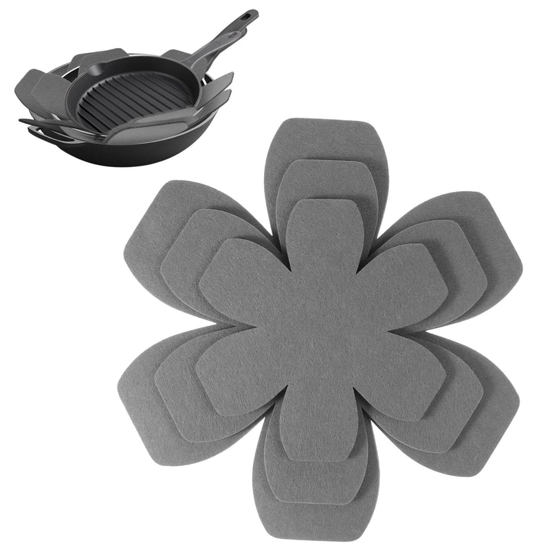 Set 6 protectoare din pâslă pentru tigăi SHENLIU, 3 dimensiuni (15/20/25 cm), gri - Separatoare antiderapante pentru protecția tigăilor, oalelor și vaselor