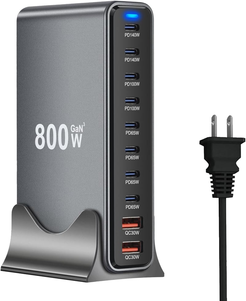 Shenzhen Jiuzhou 800W GaN III USB-C Töltőállomás 10 Portos, Dupla 140W PD PPS HUB Laptophoz, MacBook Pro Air iPad iPhone Galaxy Dell HP Kész