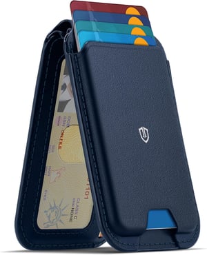 Portofel magnetic SHIELDON MagSafe cu suport, din piele naturală, cu protecție RFID și fereastră pentru ID, pentru iPhone 12-17 Pro Pro Max Plus, albastru marin