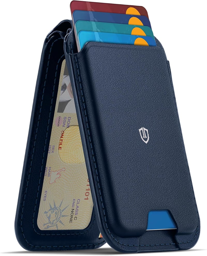 Portofel magnetic SHIELDON MagSafe cu suport, din piele naturală, cu protecție RFID și fereastră pentru ID, pentru iPhone 12-17 Pro Pro Max Plus, albastru marin