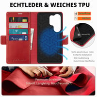 SHIELDON Puzdro s výklopným krytom z pravej kože pre Samsung Galaxy S26 Ultra 5G 6,9" – retro červené, priehradka na karty, ochrana RFID, stojan, magnetické zatváranie 3
