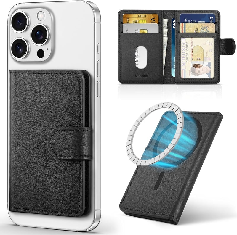Husă portofel magnetică SHIELDON din piele naturală, cu suport de card detașabil și protecție RFID pentru iPhone 17 16 15 14 13 12, negru