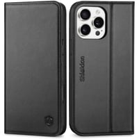 SHIELDON Puzdro z pravej kože pre iPhone 16 Pro Max 6,9" - retro čierne, s priehradkami na karty, stojanom, RFID ochranou a nárazuvzdorným TPU 1