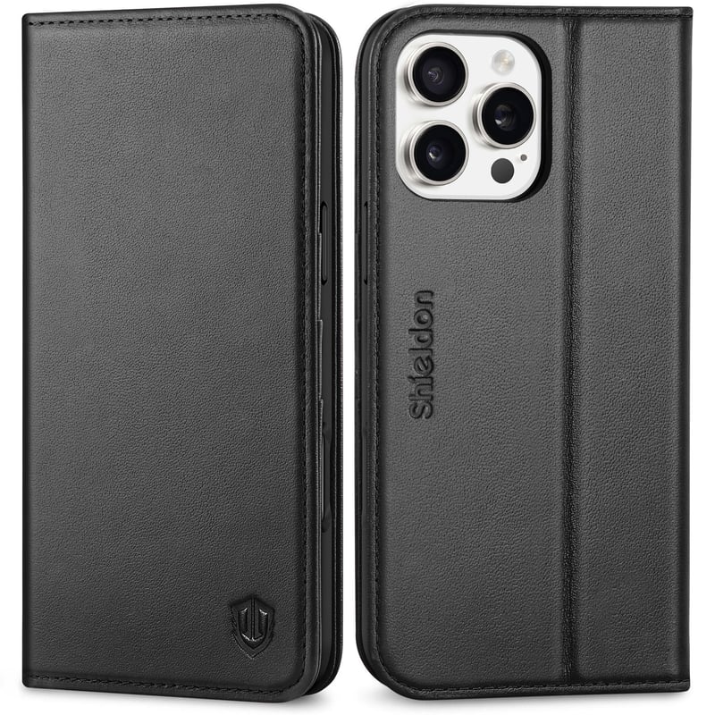 SHIELDON Puzdro z pravej kože pre iPhone 16 Pro Max 6,9" - retro čierne, s priehradkami na karty, stojanom, RFID ochranou a nárazuvzdorným TPU