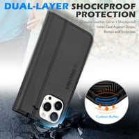 SHIELDON Puzdro z pravej kože pre iPhone 16 Pro Max 6,9" - retro čierne, s priehradkami na karty, stojanom, RFID ochranou a nárazuvzdorným TPU 6