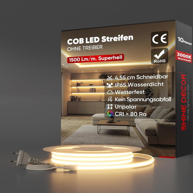 Shine Decor 10m COB LED szalag 220V IP65 vízálló meleg fehér konyha kert dekoráció