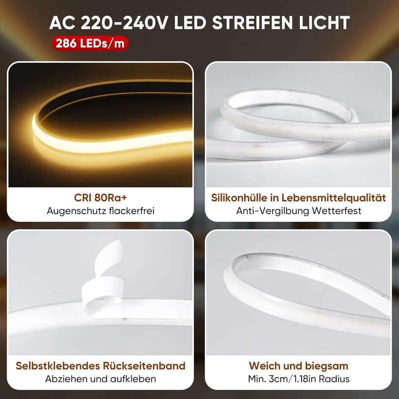 Shine Decor COB LED szalag 2m, 220V vízálló, meleg fehér, konyhai és kertészeti világítás