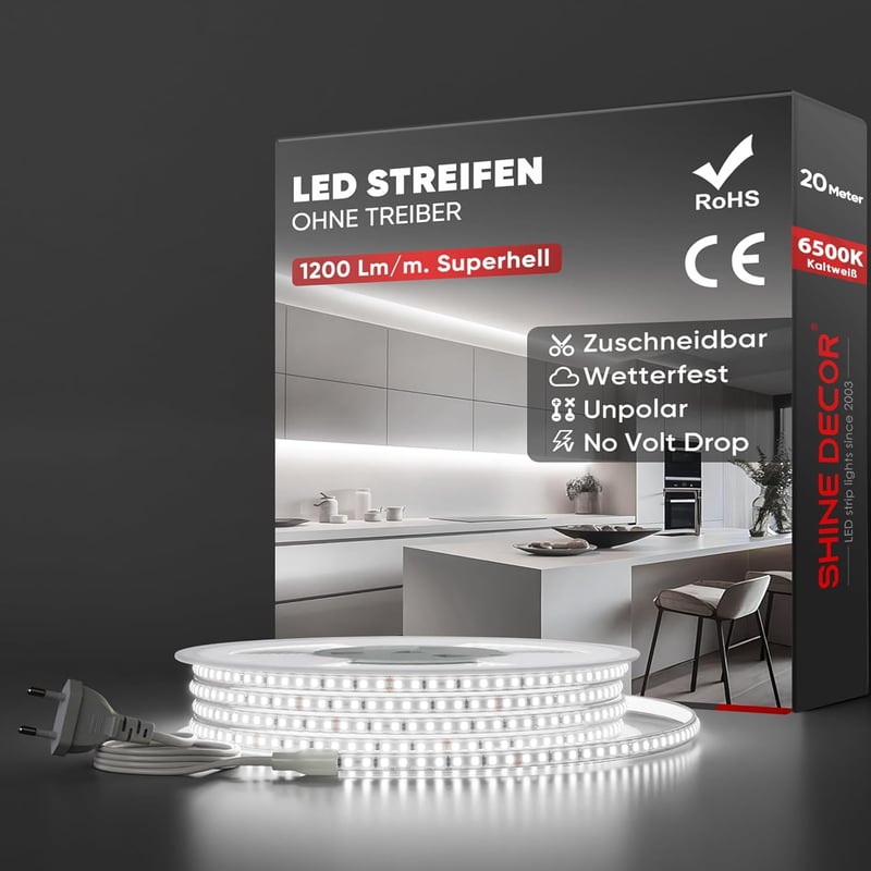 Shine Decor 20m LED szalag 220V IP65 vízálló 120LED/m hideg fehér konyha kert