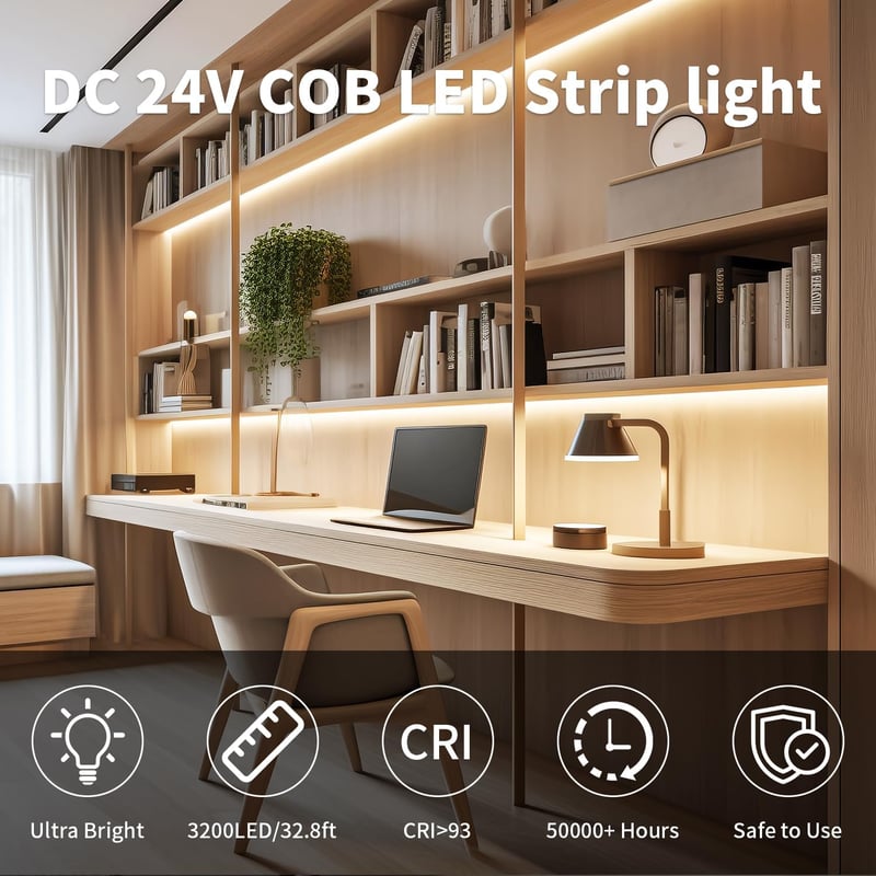 ShineBurky 10m Sárga COB LED szalag USB 24V érintésvezérelt dimmerrel