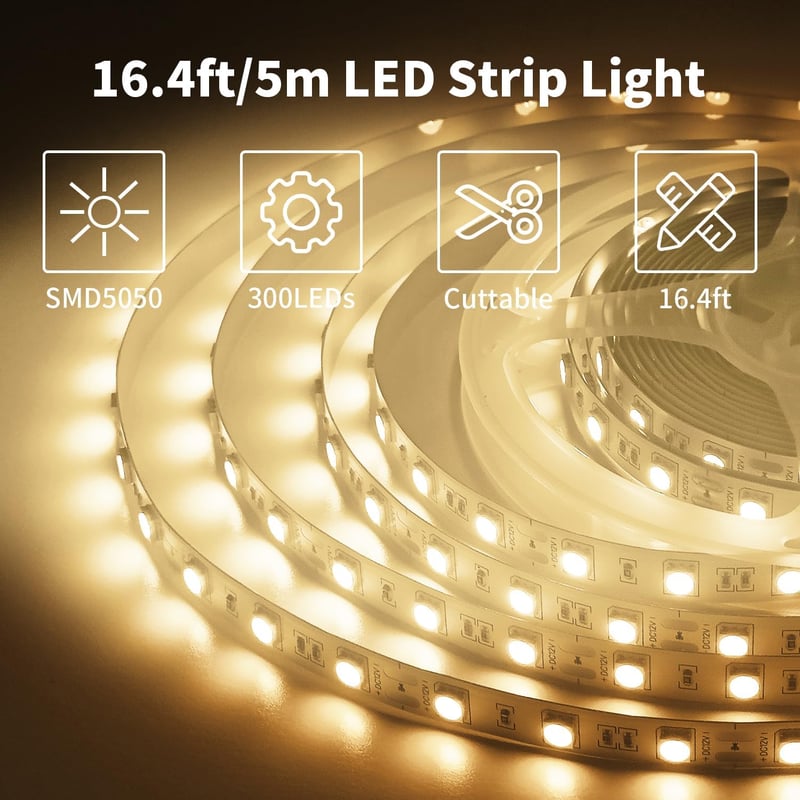 ShineBurky LED szalag 5m meleg fehér 12V 300 LED SMD5050 öntapadós flexibilis konyha TV dekoráció