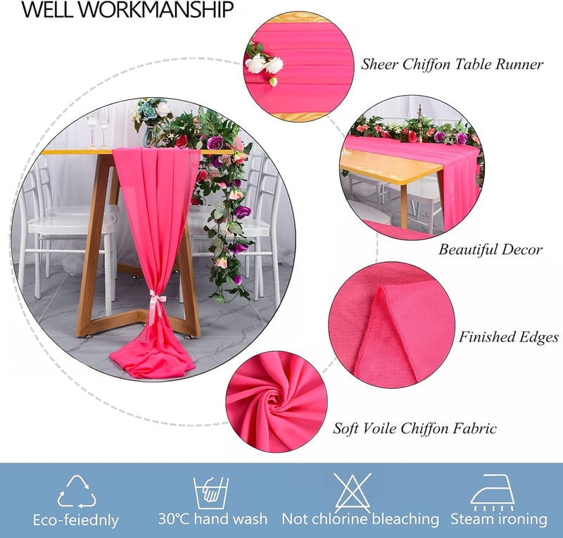 ShinyBeauty Rózsaszín Chiffon Asztali Futó 29x120cm Esküvői Dekoráció