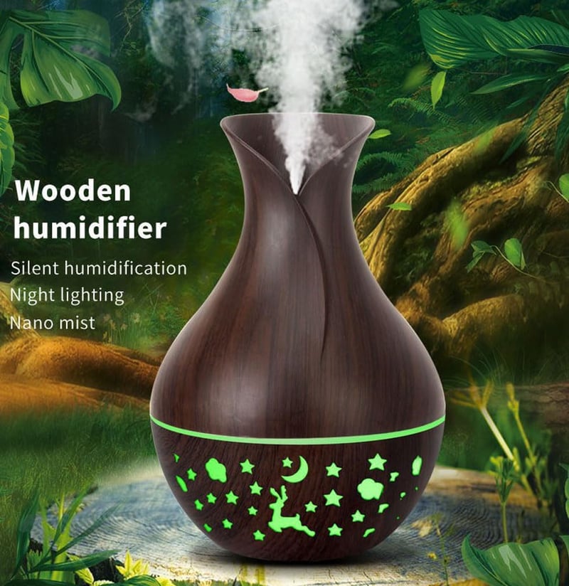 SHLWYG Fa Mintázatú Párologtató 150ml - USB Aromaterápiás Párásító Csillagos Égbolt Hangulatvilágítással - Halk Hidegpárás Légnedvesítő