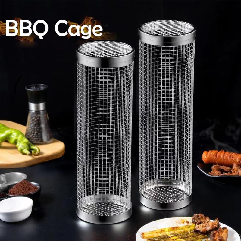 Shnmin Rozsdamentes Acél Grill Kosár 2 Darabos Szett - Hengeres Grillező Kosár BBQ Sütőhöz, Zöldség Hús Hal Grillezéshez
