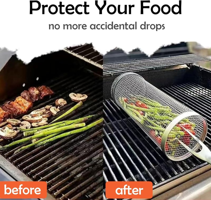 Shnmin Rozsdamentes Acél Grill Kosár 2 Darabos Szett - Hengeres Grillező Kosár BBQ Sütőhöz, Zöldség Hús Hal Grillezéshez