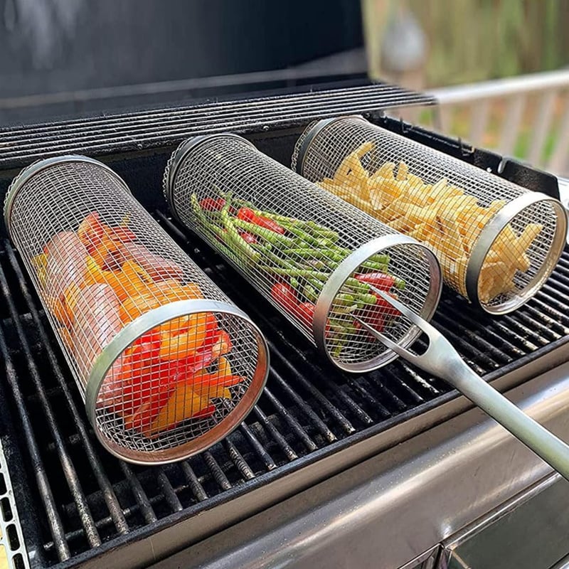Shnmin Rozsdamentes Acél Grill Kosár 2 Darabos Szett - Hengeres Grillező Kosár BBQ Sütőhöz, Zöldség Hús Hal Grillezéshez