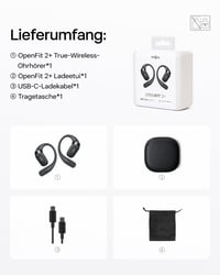Slúchadlá Shokz OpenFit 2+ Open-Ear Bluetooth, Dolby Audio, čierne, 48-hodinová výdrž batérie, IP55, bezdrôtové nabíjanie, rýchlonabíjanie cez USB-C, mikrofón 10