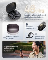Slúchadlá Shokz OpenFit 2+ Open-Ear Bluetooth, Dolby Audio, čierne, 48-hodinová výdrž batérie, IP55, bezdrôtové nabíjanie, rýchlonabíjanie cez USB-C, mikrofón 6