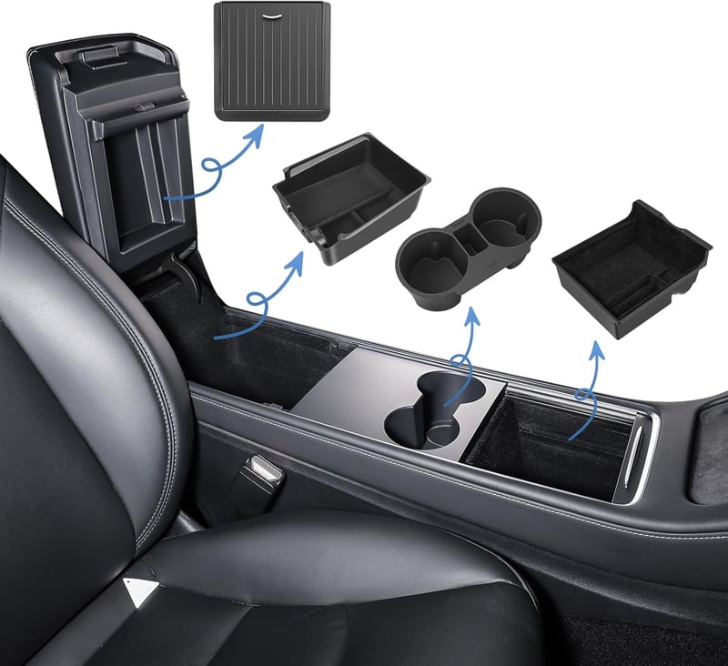 ShowEv Középkonzol Rendszerező Tesla Model 3 Y - Kartámasz Tárolódoboz Pohártartóval, Rejtett Tárolóhellyel, 4 Részes Szett, Fekete