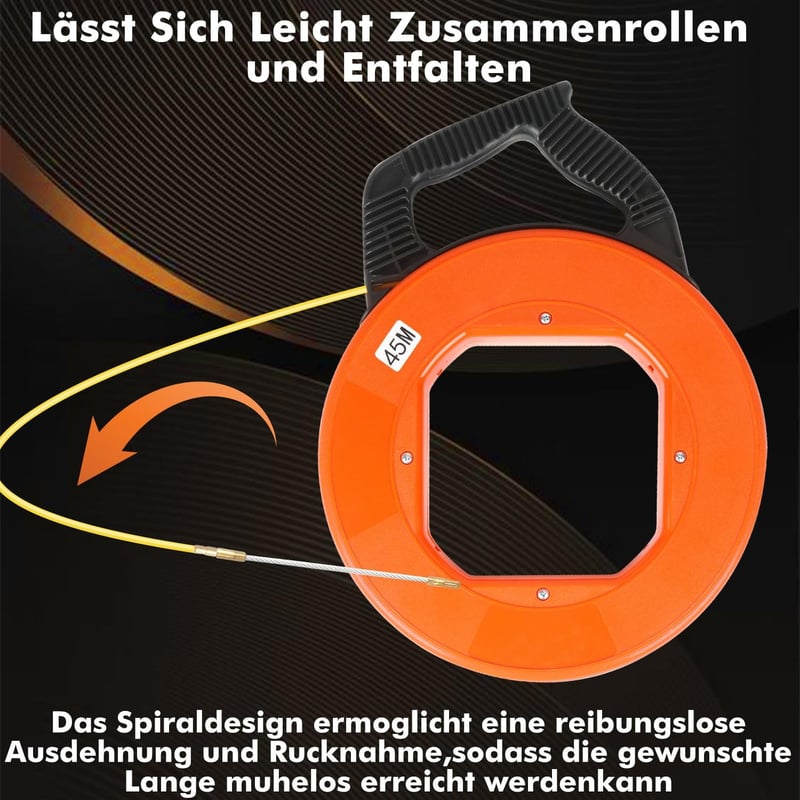 SHTALHST Kábelbehúzó Segéd 45m - 4mm Spirálos Behúzórugó 6 Adapterrel, Üreges Csövekhez, Narancs Műanyag Házzal, Villanyszerelési Munkákhoz