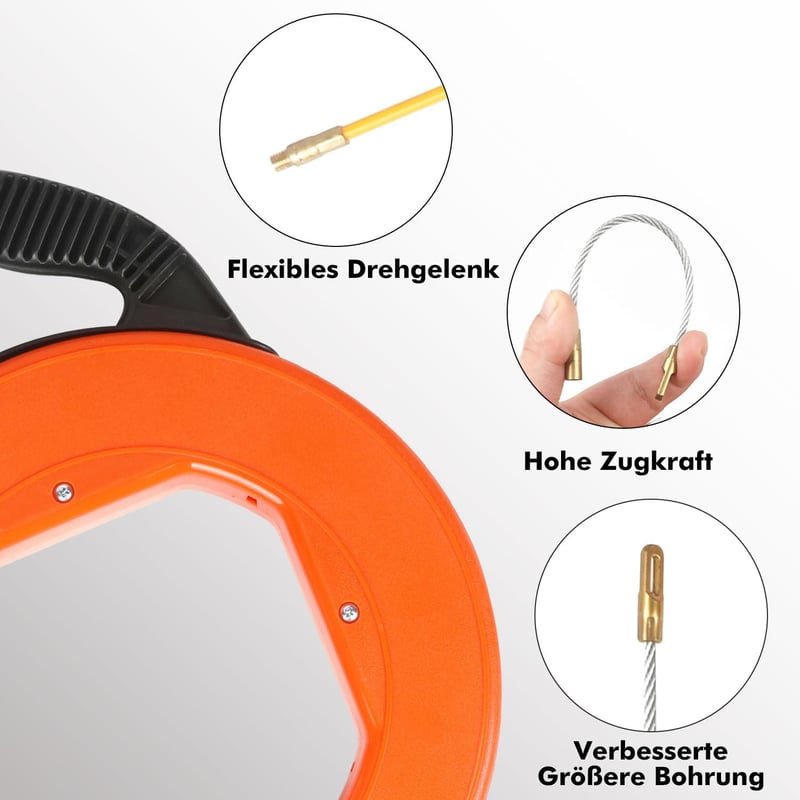 SHTALHST Kábelbehúzó Segéd 45m - 4mm Spirálos Behúzórugó 6 Adapterrel, Üreges Csövekhez, Narancs Műanyag Házzal, Villanyszerelési Munkákhoz