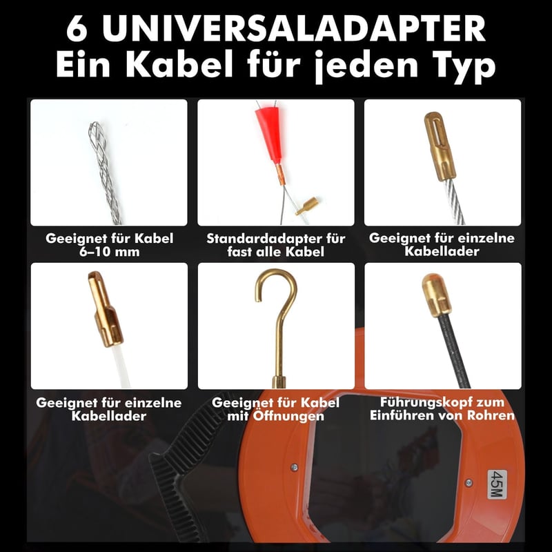SHTALHST Kábelbehúzó Segéd 45m - 4mm Spirálos Behúzórugó 6 Adapterrel, Üreges Csövekhez, Narancs Műanyag Házzal, Villanyszerelési Munkákhoz