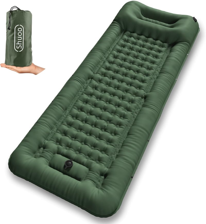Shuoo Önfelfújó Kempingmatrac 12cm Vastag 72cm Széles - Ultrakönnyű Vízálló Matrac Lábpumpával és Párnával Túrázáshoz