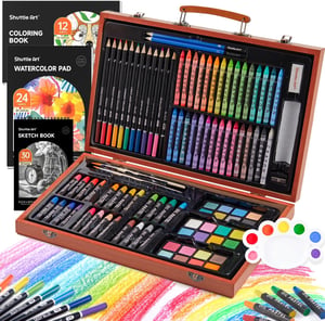 Set de artă deluxe Shuttle Art cu 106 piese, în cutie de lemn, cu creioane, pasteluri uleioase, acuarele și caiet de desen, pentru copii și adulți