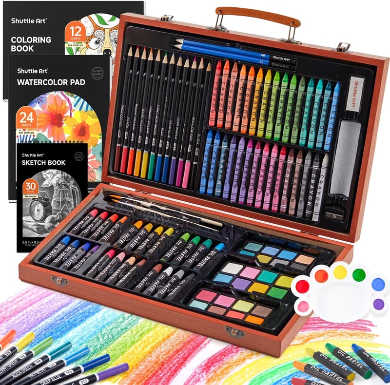 Set de artă deluxe Shuttle Art cu 106 piese, în cutie de lemn, cu creioane, pasteluri uleioase, acuarele și caiet de desen, pentru copii și adulți