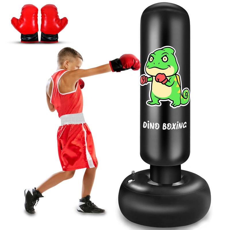 Nafukovacie boxerské vrece SHZYGQ Dino pre deti 165 cm, s boxerskými rukavicami, pre chlapcov a dievčatá vo veku 3-12 rokov, na tréning karate, taekwondo a MMA