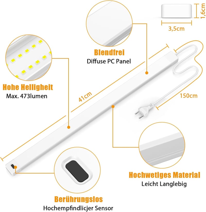 SIBI LIGHTING LED Szekrény Világítás 41cm - Semleges Fehér Fénycsík Érintésmentes Szenzorral, Szabályozható Fényerő, Konyhába, Polcokra, Mun