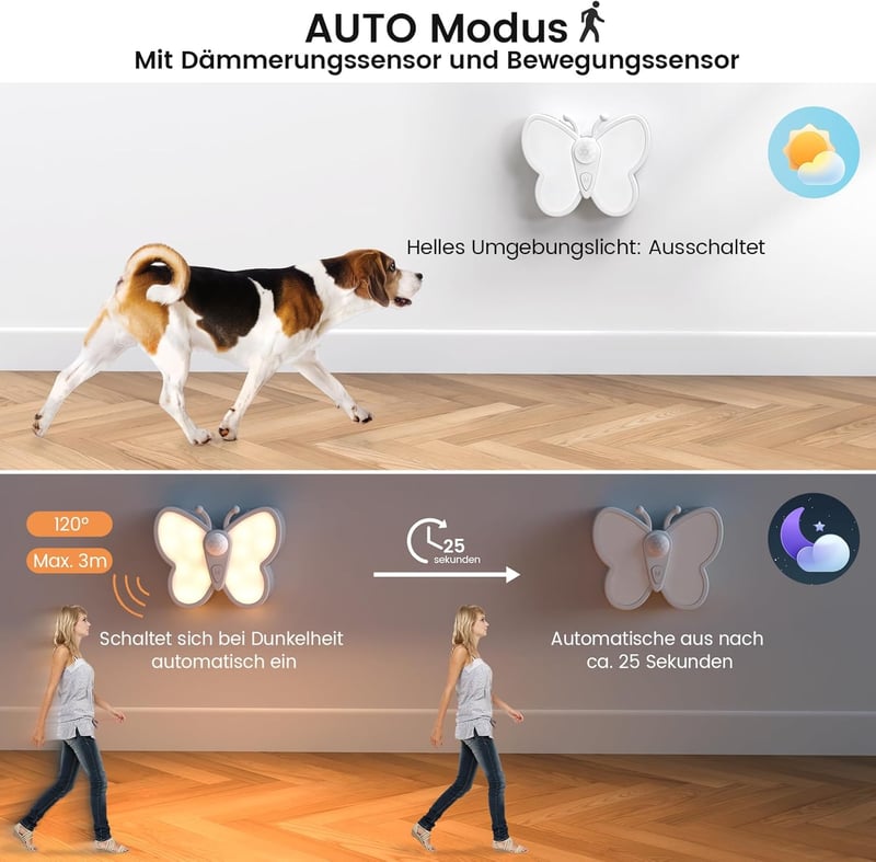 SIBI LIGHTING Pillangó Alakú Éjjeli Lámpa - Mozgásérzékelős LED Világítás 3 Színmóddal, USB Tölthető, Tompítható, Fürdőszobába, Lépcsőhöz, G