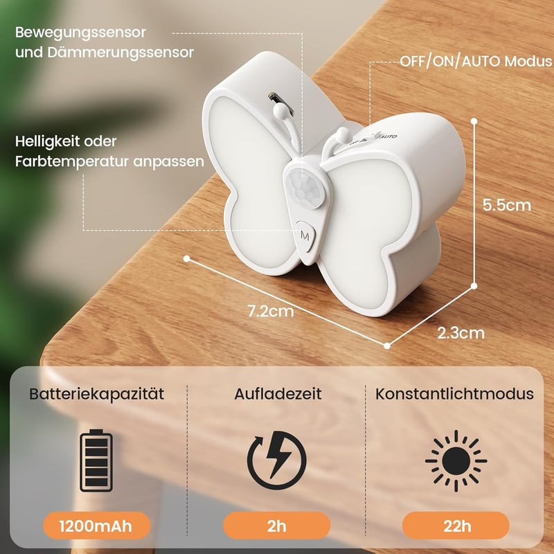 SIBI LIGHTING Pillangó Alakú Éjjeli Lámpa - Mozgásérzékelős LED Világítás 3 Színmóddal, USB Tölthető, Tompítható, Fürdőszobába, Lépcsőhöz, G