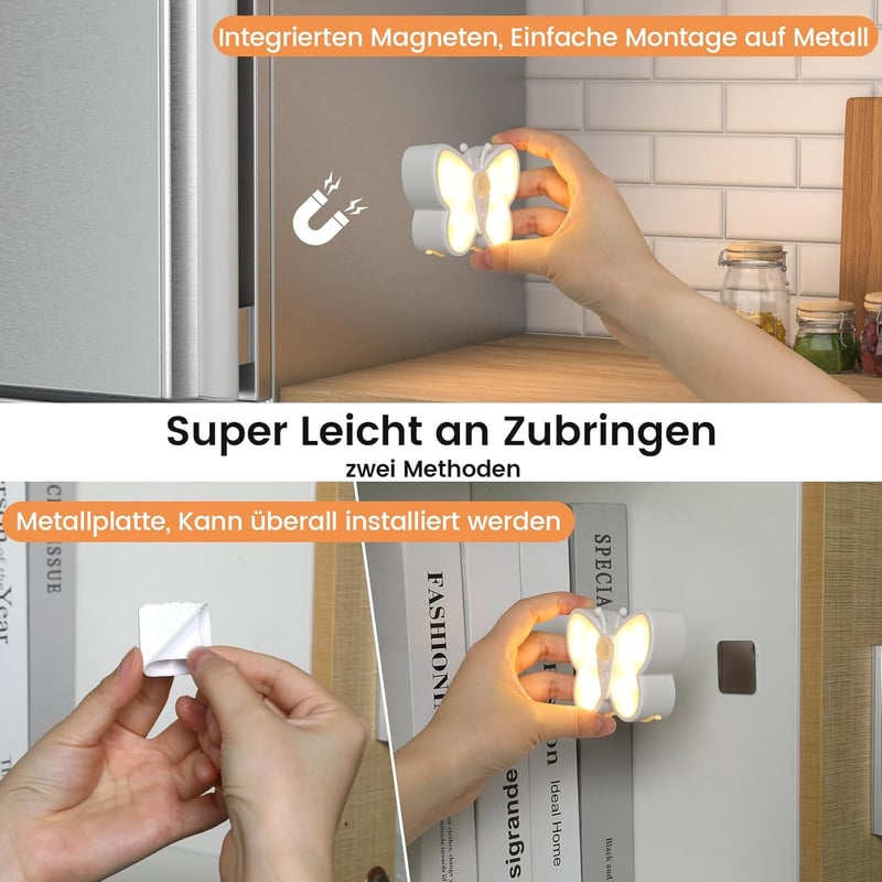 SIBI LIGHTING Pillangó Alakú Éjjeli Lámpa - Mozgásérzékelős LED Világítás 3 Színmóddal, USB Tölthető, Tompítható, Fürdőszobába, Lépcsőhöz, G