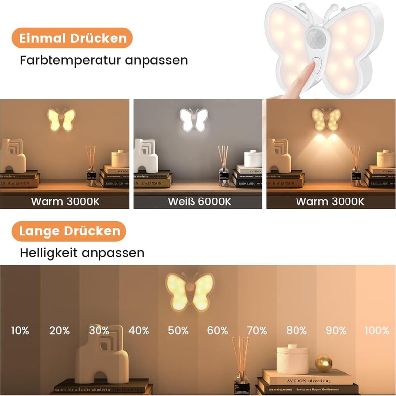 SIBI LIGHTING Pillangó Alakú Éjjeli Lámpa - Mozgásérzékelős LED Világítás 3 Színmóddal, USB Tölthető, Tompítható, Fürdőszobába, Lépcsőhöz, G