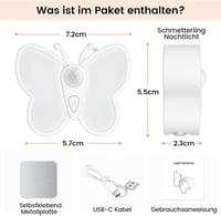 SIBI LIGHTING Pillangó Alakú Éjjeli Lámpa - Mozgásérzékelős LED Világítás 3 Színmóddal, USB Tölthető, Tompítható, Fürdőszobába, Lépcsőhöz, G 7
