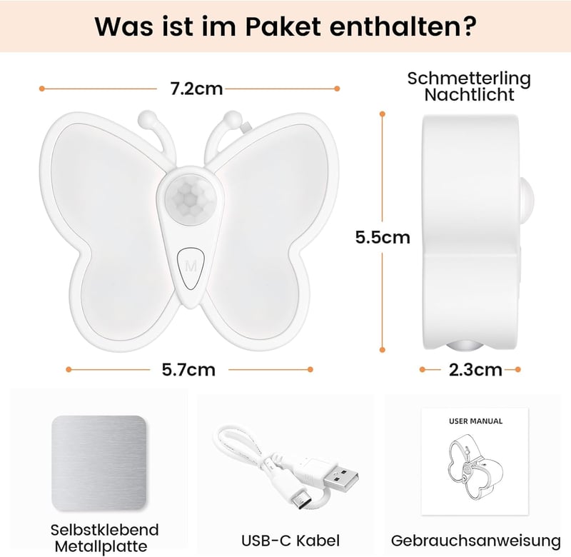 SIBI LIGHTING Pillangó Alakú Éjjeli Lámpa - Mozgásérzékelős LED Világítás 3 Színmóddal, USB Tölthető, Tompítható, Fürdőszobába, Lépcsőhöz, G