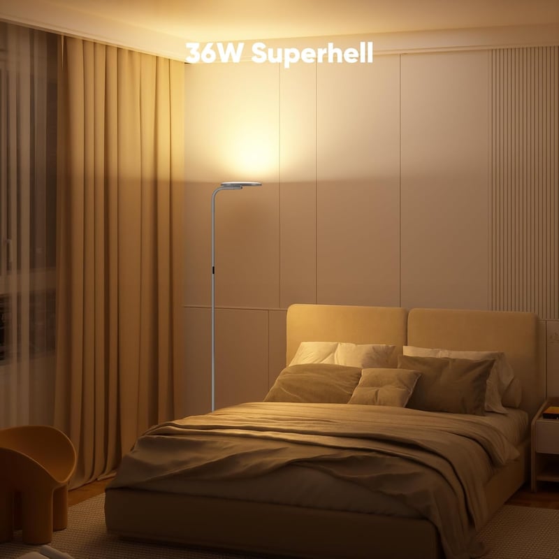 SIBRILLE LED Állólámpa 36W - Távirányítós Dimmelhető Padlólámpa 3000K-6000K, 350° Forgatható Fejjel, Olvasólámpa Nappali Hálószoba Irodai Ha