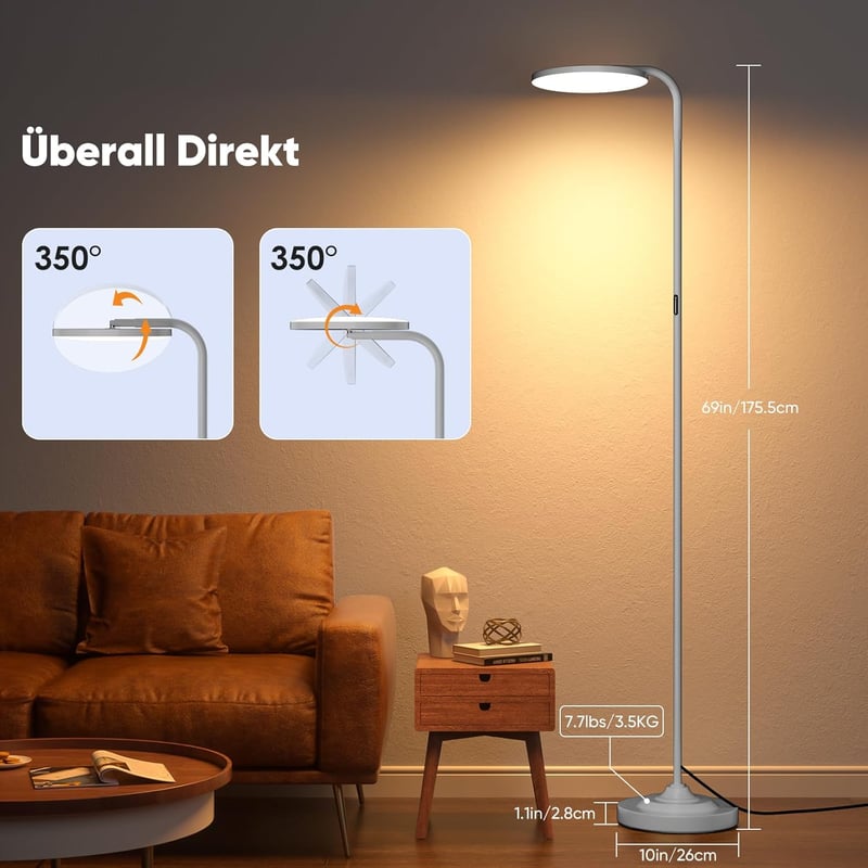 SIBRILLE LED Állólámpa 36W - Távirányítós Dimmelhető Padlólámpa 3000K-6000K, 350° Forgatható Fejjel, Olvasólámpa Nappali Hálószoba Irodai Ha