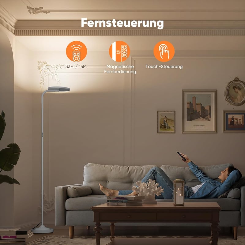 SIBRILLE LED Állólámpa 36W - Távirányítós Dimmelhető Padlólámpa 3000K-6000K, 350° Forgatható Fejjel, Olvasólámpa Nappali Hálószoba Irodai Ha